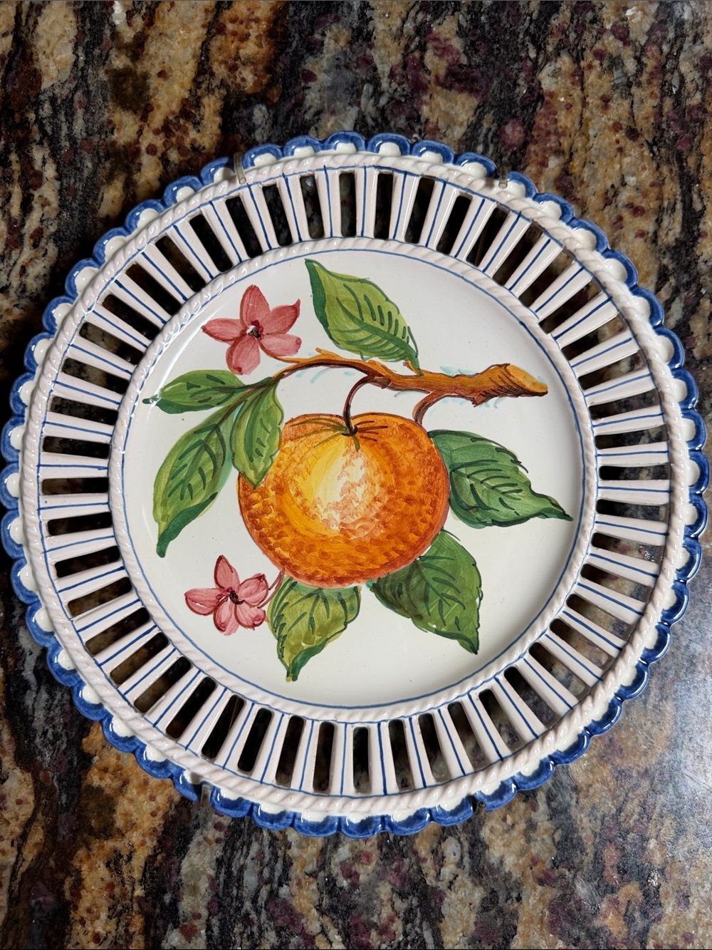 Vintage signed Crownford Italian decorative hanging plate orange Italy lattice